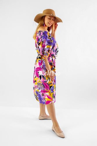 Mocno wzorzysta sukienka w liście i kwiatki hiszpanka STYLE Fioletowa UNI na Arena.pl