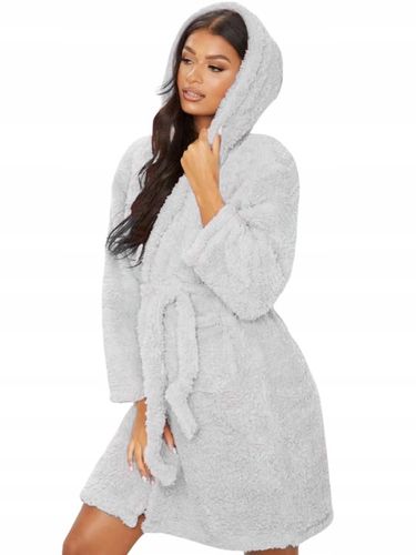 Szlafrok Damski Ciepły Miękki Gruby z Kapturem Szary Wiązany W Talii Zimowy na Arena.pl