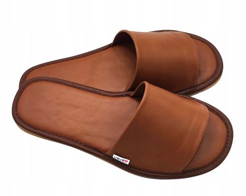 KLAPKI SKÓRZANE DAMSKIE wygodne pantofle kapcie skórzane PREMIUM BRĄZ na Arena.pl