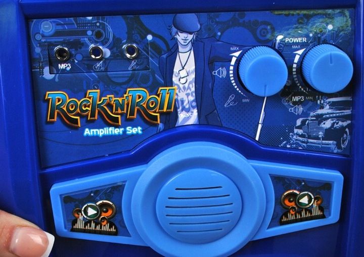 DUŻA GITARA ELEKTRYCZNA DLA DZIECI MIKROFON piecyk STATYW WZMACNIACZ NIEBIE zdjęcie 7