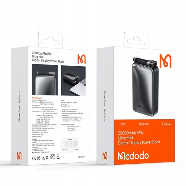 MCDODO POWERBANK 20000MAH Z WYŚWIETLACZEM 3X USB USB-C 67W + KABEL USB-C PD zdjęcie 7