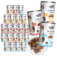 MOKRA KARMA DLA KOTA TufTuf puszka kawałki mięsne MIX SMAKÓW ZESTAW 24x415g