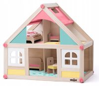 DREWNIANY DOMEK Z LALKAMI MEBELKAMI WOODYLAND PASTELOWY BRYGIDA WOODY MEBLE