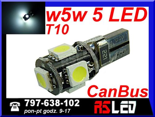 żarówka LED T10 5 SMD w5w w3w biala zimna 12v EKO CANBUS can bus na Arena.pl