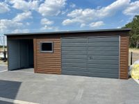 Garaż Blaszany drewnopodobny z wiatą 6x5m Brama dwuskrzydłowa, Okno Premium