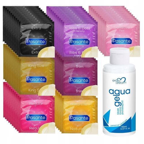 WIELKI ZESTAW najlepsze PREZERWATYWY PASANTE - 70szt + ŻEL POSLIZGOWY 150ml na Arena.pl