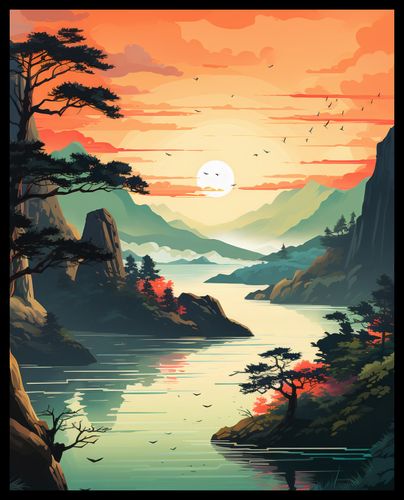 Plakat 40x50cm Zachodzące Słońce nad Spokojnym Jeziorem na Arena.pl