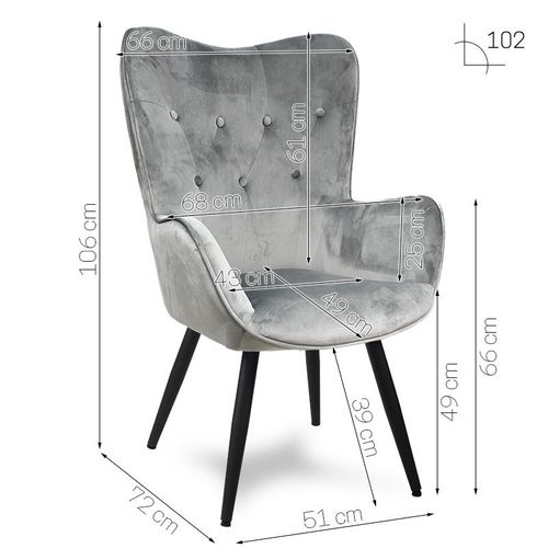 Fotel uszak skandynawski welur retro do salonu na metalowych nogach szary F908G na Arena.pl