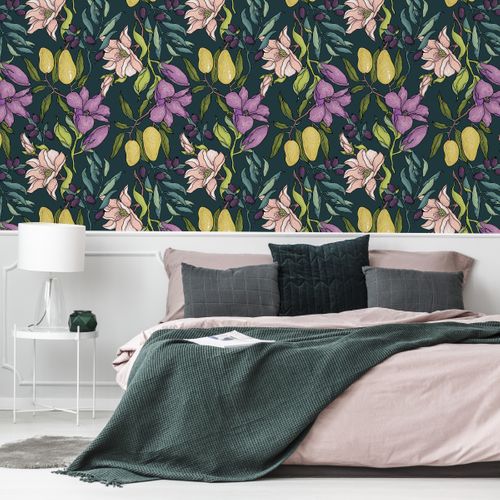 Tapeta kwiaty owoce śliwki gruszki do sypialni na Arena.pl