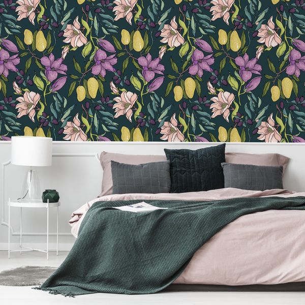 Tapeta kwiaty owoce śliwki gruszki do sypialni zdjęcie 2