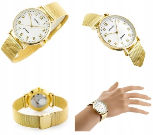 ZEGAREK DAMSKI PERFECT TINA +BOX +GRAWER cyfry bransoletka mesh złoty na Arena.pl