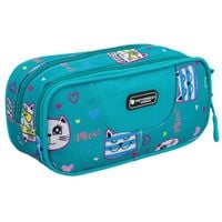 dwukomorowy piórnik szkolny z poliestru, ozdobiony wzorem w kotki -