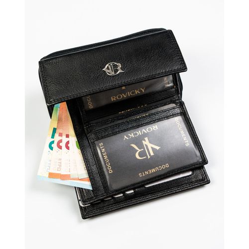 modny, skórzany portfel damski na zatrzask w czarnym kolorze - rovicky na Arena.pl