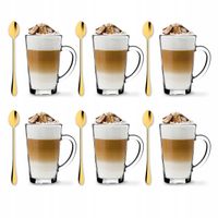 SZKLANKI DO LATTE 6szt ZESTAW szklanek do kawy 0,32L +długie ŁYŻECZKI ZŁOTE