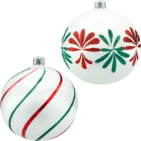 Bombki okrągłe: biała satyna z czerwono-zielonym brokatem