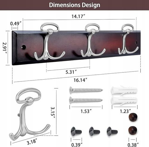 BOBLIUE Wieszak do montażu na ścianie z 6 srebrnymi haczykami orzech na Arena.pl