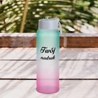 Szklana butelka szroniona z plastikowym uchwytem z Twoim nadrukiem - Różowo - zielona