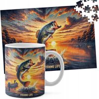 ZESTAW KUBEK + PUZZLE 110EL - WĘDKARSKIE WZORY RYBAK WĘDKA FANATYK RYBA