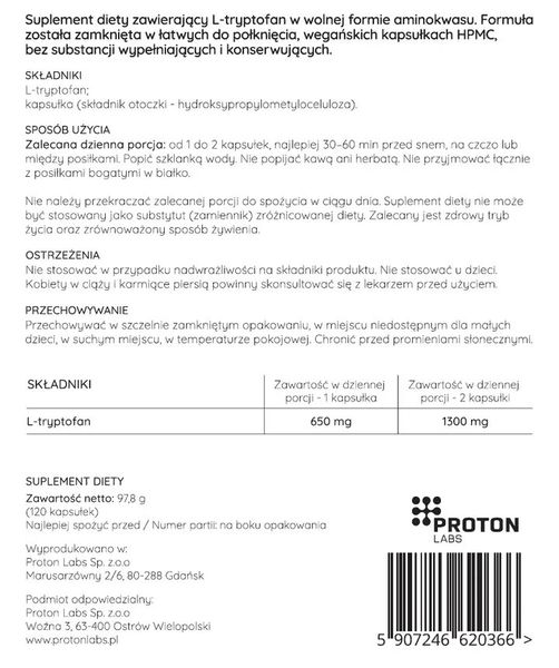Proton Labs L-Tryptofan 1300 mg 120 kaps. zdjęcie 2