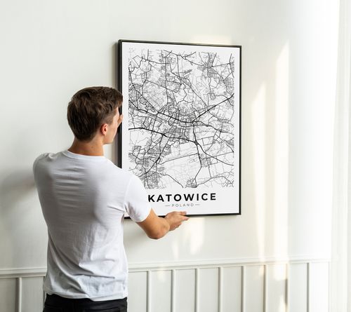 Plakat Katowice mapa miasta plan miasta 21x30 cm w czarnej ramie na Arena.pl