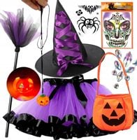 DUŻY ZESTAW strój CZAROWNICY WIEDŹMA SPÓDNICA KAPELUSZ DYNIA ozdoby KOSZYK