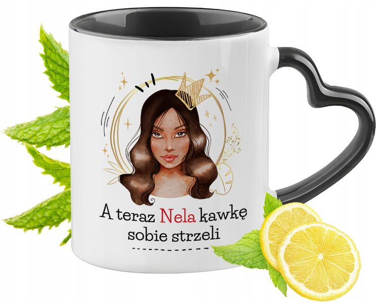 Dla Neli Kubek Czarny Z Uszkiem W Kształcie Serca Na Prezent Z Nadrukiem zdjęcie 1