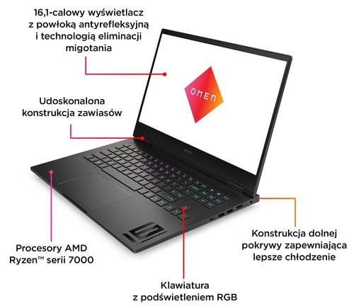 HP OMEN Gaming 16 FullHD IPS 144Hz AMD Ryzen 7 7840HS 8-rdzeni 16GB DDR5 512GB SSD NVMe NVIDIA GeForce RTX 4060 8GB Windows 11 na Arena.pl