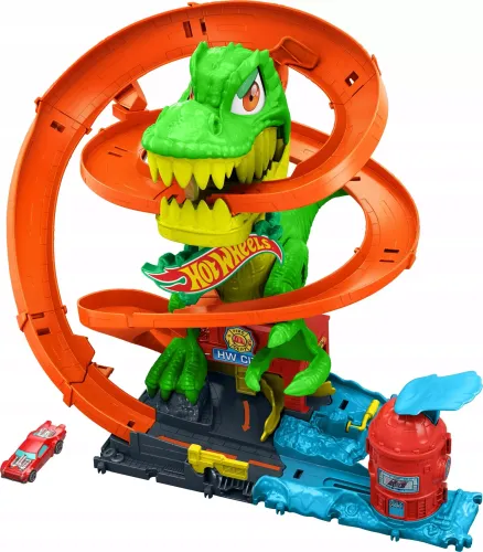 Zabawka dla dziecka - zakręcony tor z autem Hot Wheels City Remiza T-Rexa na Arena.pl