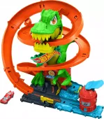 Zabawka dla dziecka - zakręcony tor z autem Hot Wheels City Remiza T-Rexa
