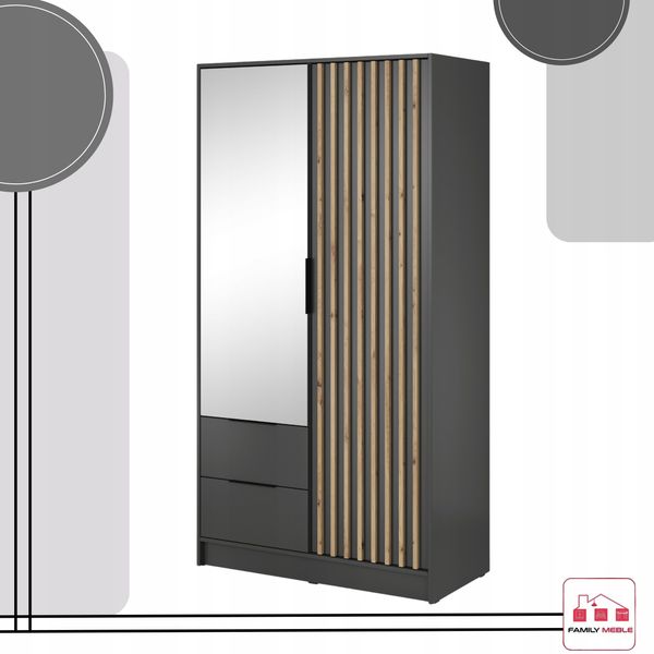 SZAFA GARDEROBA SOREN 2D GRAFIT 200CM OTWIERANA DUŻA PÓŁKI DRĄŻEK LUSTRO zdjęcie 3