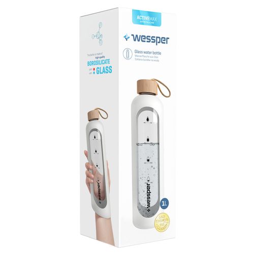 Wessper Activemax Crystalline 1L szklana butelka motywacyjna z białym etui na Arena.pl