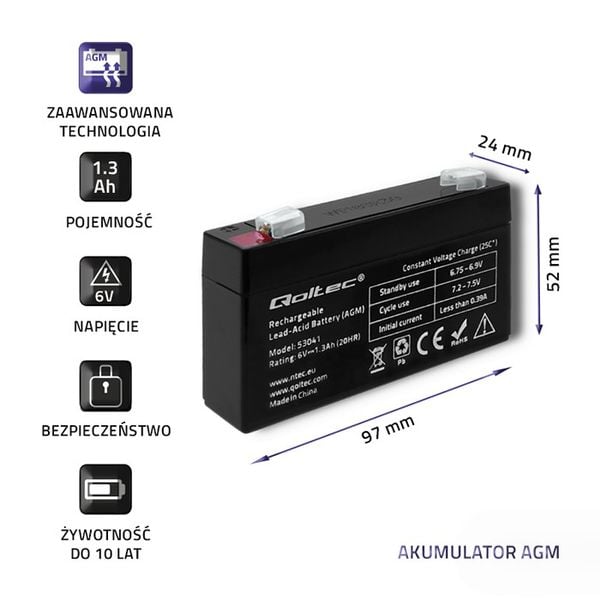 Qoltec Akumulator AGM | 6V | 1.3Ah | max 19.5A zdjęcie 3
