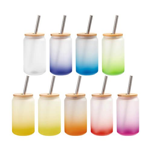Szklanka 400 ml szroniona ze słomką i bambusową pokrywką do sublimacji - błękitny gradient na Arena.pl