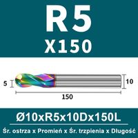 Frez kulowy, kula 2-ostrzowy VHM powłoka DLC Rozmiar: Ø10.0xR5x10Dx150L