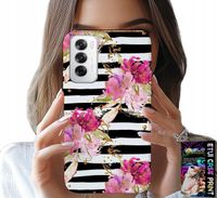 ETUI DO OPPO RENO12 5G - KWIATKI W CZARNO - BIAŁE PASKI WZORY