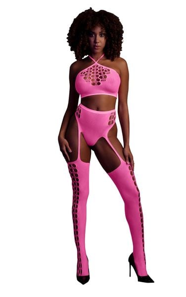 Two Piece With Crop Top And Stockings - Pink - Xs/Xl zdjęcie 1