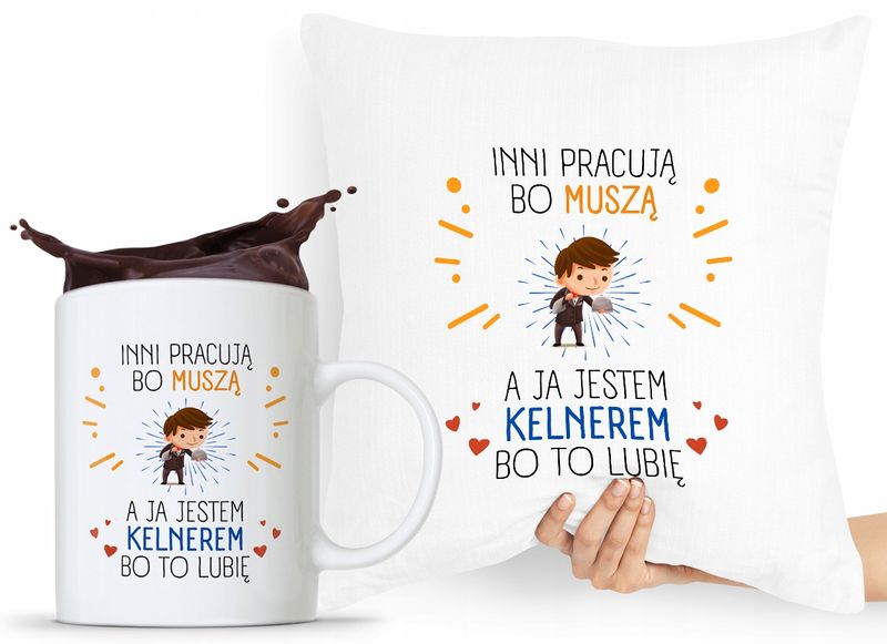 Zestaw Poduszka + Kubek Dla Kelnera Prezent Z Nadrukiem Ze Zdjęciem zdjęcie 1
