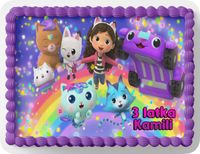 PROSTOKĄTNY OPŁATEK NA TORT A4 20x29CM - KOCI DOMEK GABI + IMIĘ