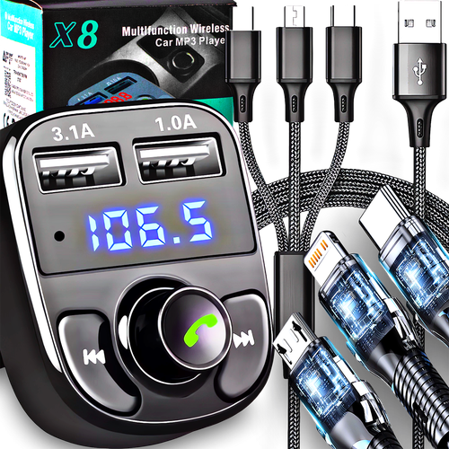 TRANSMITER BLUETOOTH FM MP3 AUDIO BT KABEL USB 3W1 LIGHTNING MICRO USB C na Arena.pl