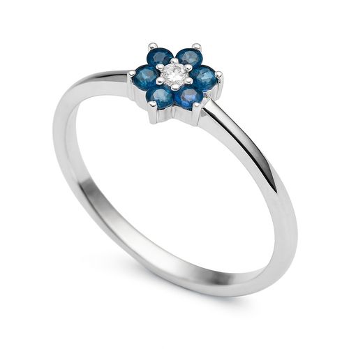 śliczny pierścionek kwiatek z szafirami i diamentem w białym złocie na Arena.pl