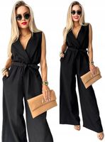 Elegancki KOMBINEZON DAMSKI kopertowy dekolt pasek szerokie nogawki L