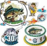 ZESTAW OPŁATEK NA TORT 30CM + 17 POSTACI - RYBY HOBBY + IMIĘ 24CM 26CM