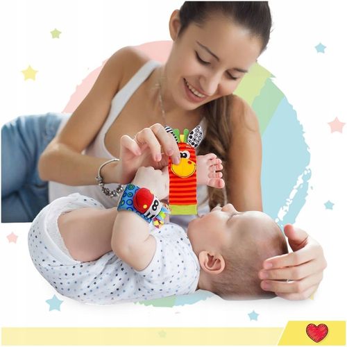 4x SKARPETKI + OPASKI 3D GRZECHOTKI SOZZY ZABAWKA SENSORYCZNA DLA NIEMOWLĄT na Arena.pl