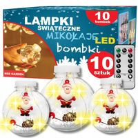 Lampki Choinkowe Świąteczne Bombki Ozdoby Mikołaje 10 Kul na USB LED 300 cm