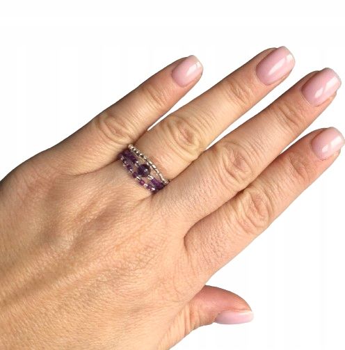 AMETYST PIERŚCIONKI Z KORALIKÓW ZESTAW 3 SZTUKI KORALIKI SREBRNE zdjęcie 1