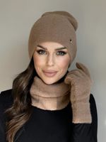 KOMPLET DAMSKI CZAPKA KOMIN GOLF RĘKAWICZKI ZESTAW CIEPŁY ALPAKA MOKKA