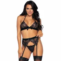 leg avenue komplet 3-częściowy koronkowy top pas do pończoch stringi l
