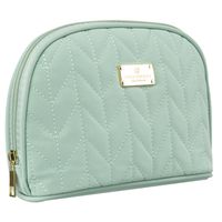 praktyczna kosmetyczka damska w kolorze zielonym pokryta jodełkowym wzorem