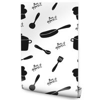 Tapeta CZARNO-BIAŁA Garnki Napisy Czapka Kucharska