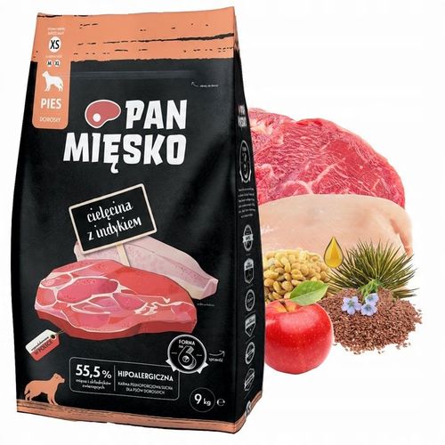 Pan Mięsko Karma sucha dla psa CIELĘCINA INDYK WARZYWA Średnie rasy M 9kg na Arena.pl